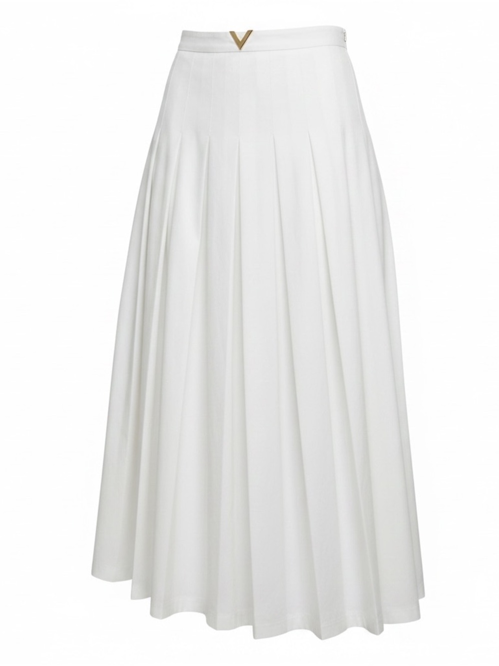 Valentino White Pleated Midi A-Line Skirt with Gold V Accent